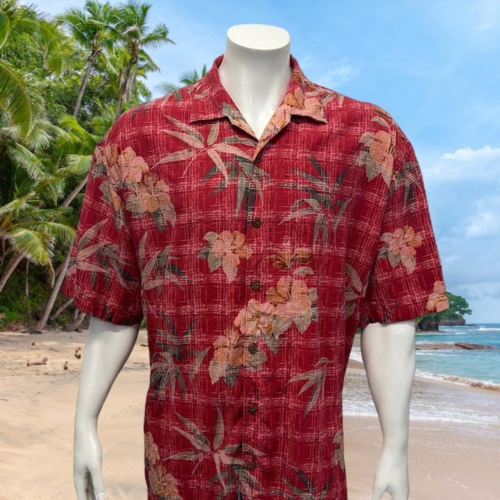 Tommy Bahama 100% Silk Red Orange Tropical Floral Print Luau Aloha Shirt XXL 2XL